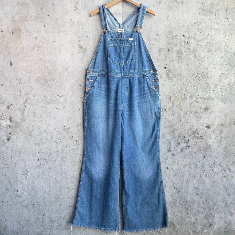 Wrangler Denim Flare Overalls XL Unfinished Hem Country Cowgirl Festival Boho - Picture 3 of 16